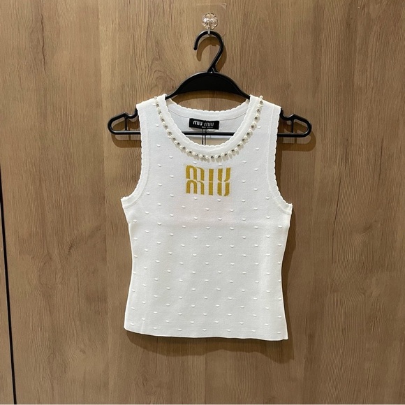 Miu Miu Tops - Miu Miu White Pearl-Trim Sleeveless Knit Tank with Gold Logo